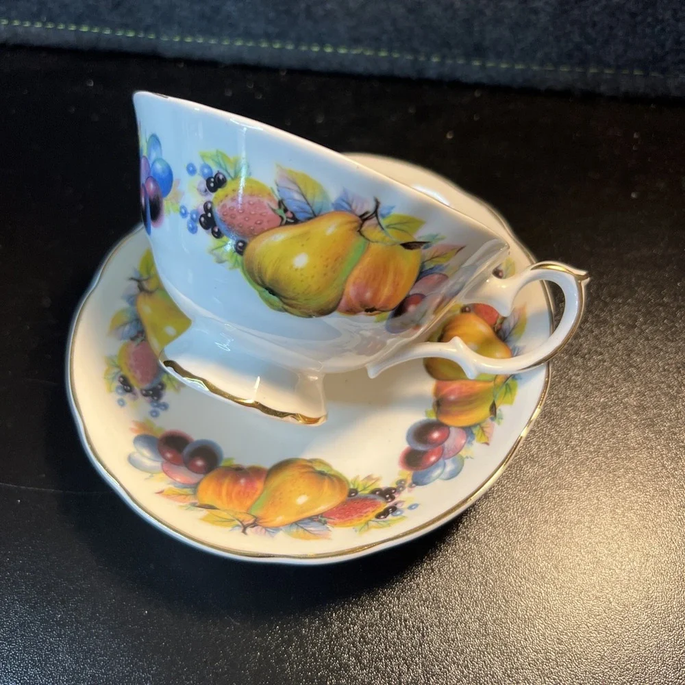 Argyle Burslem Staffordshire Fruits GOLD RIMMED Cup‎ & Saucer China TEA SET
